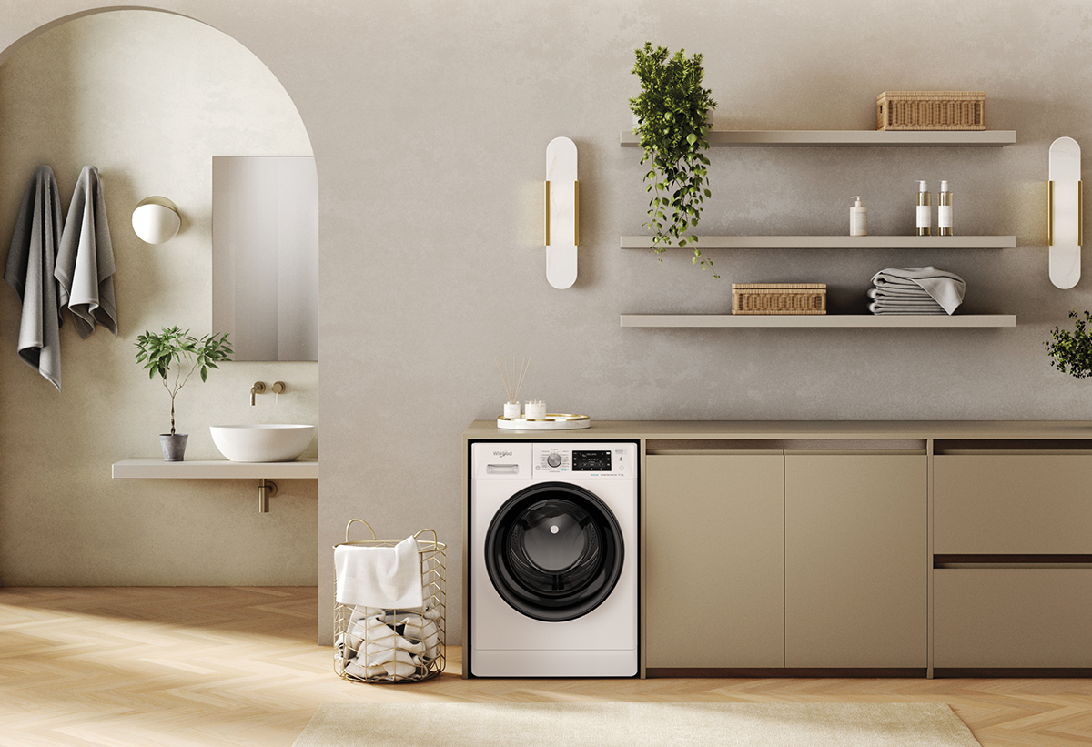 Απεικονίζεται το πλυντήριο σε ένα μπάνιο.